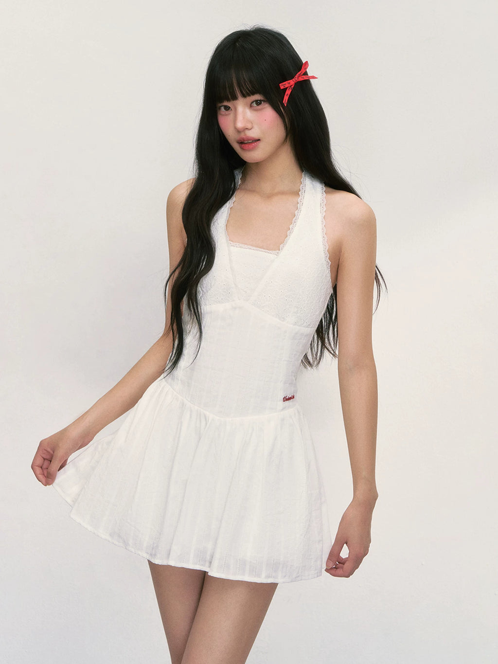 Embroidered White Halter Neck Dress