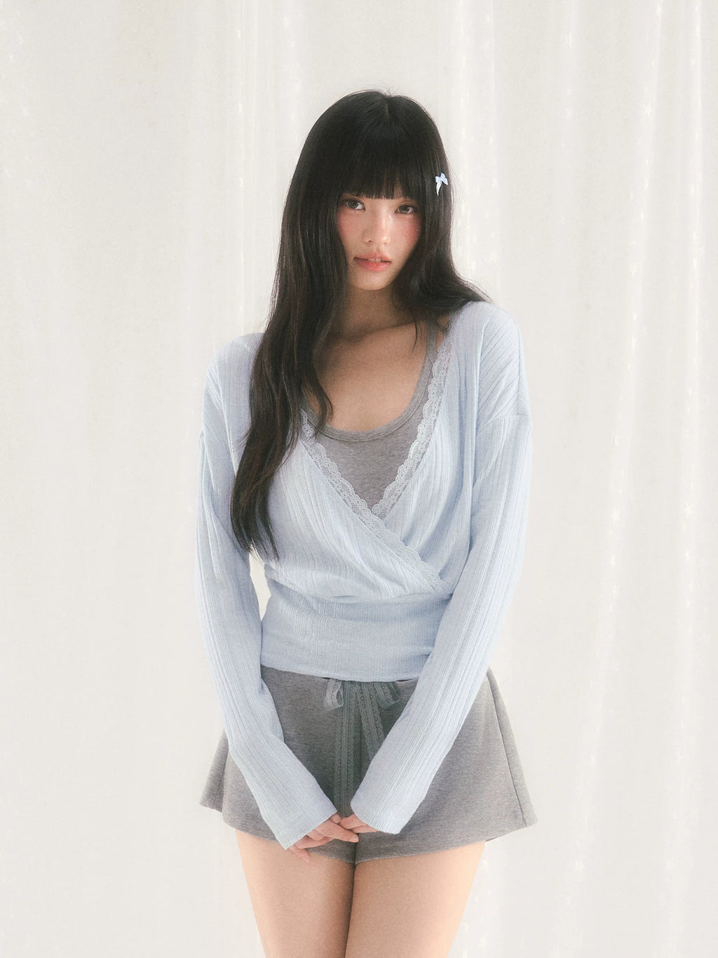 V-Neck Lace-Spliced Waist-Cinching Blouse and Tank Top Set