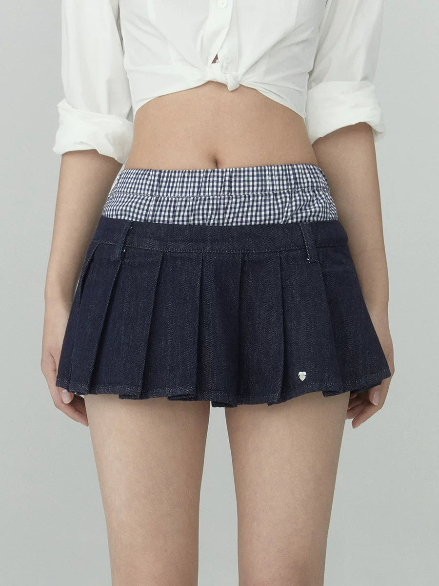Pleated A-Line Denim Skirt