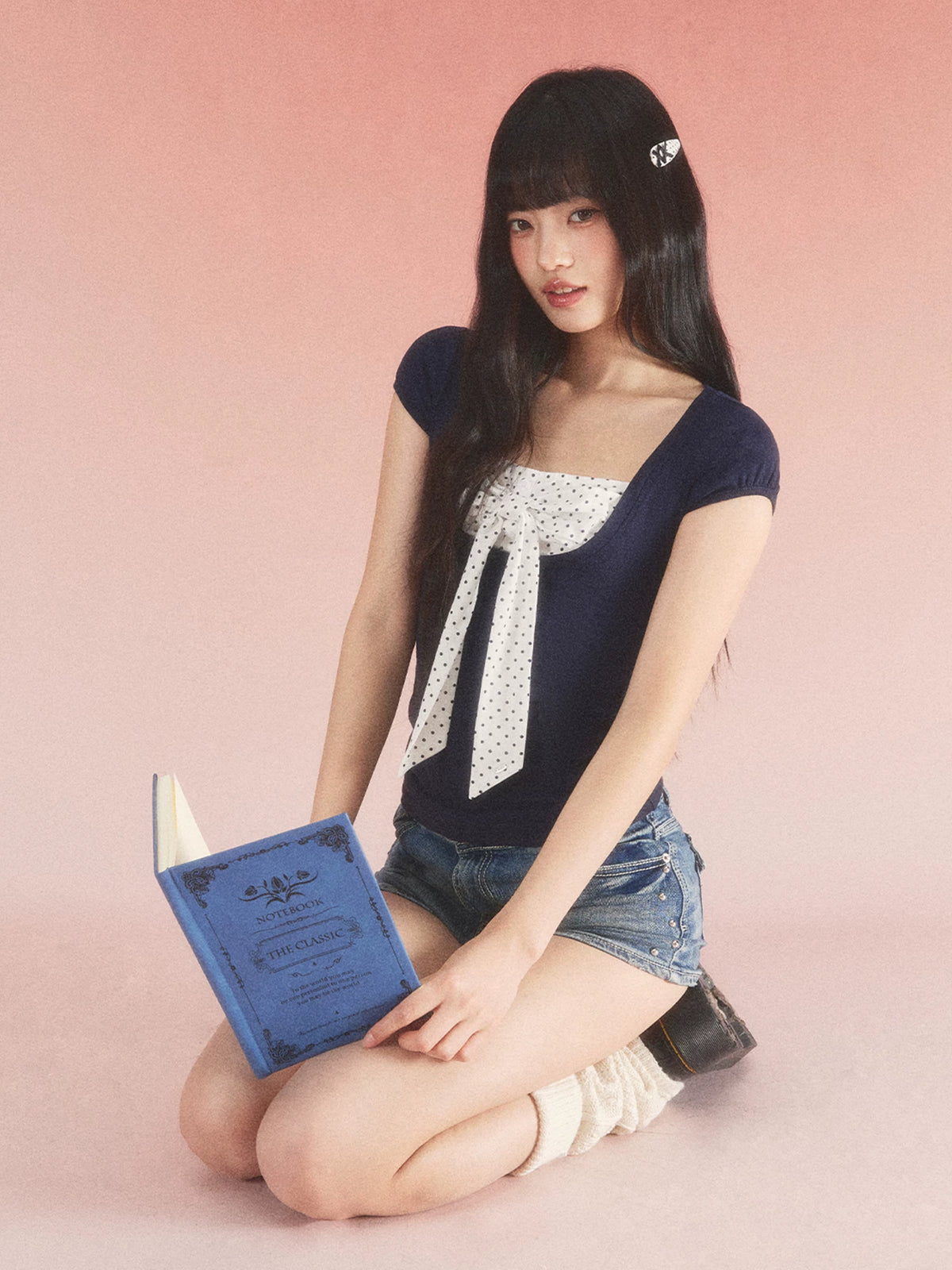 Color-Blocked Square-Neck Polka Dot Bow Tee