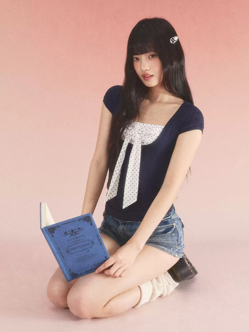 Contrast polka dot bow layered tee