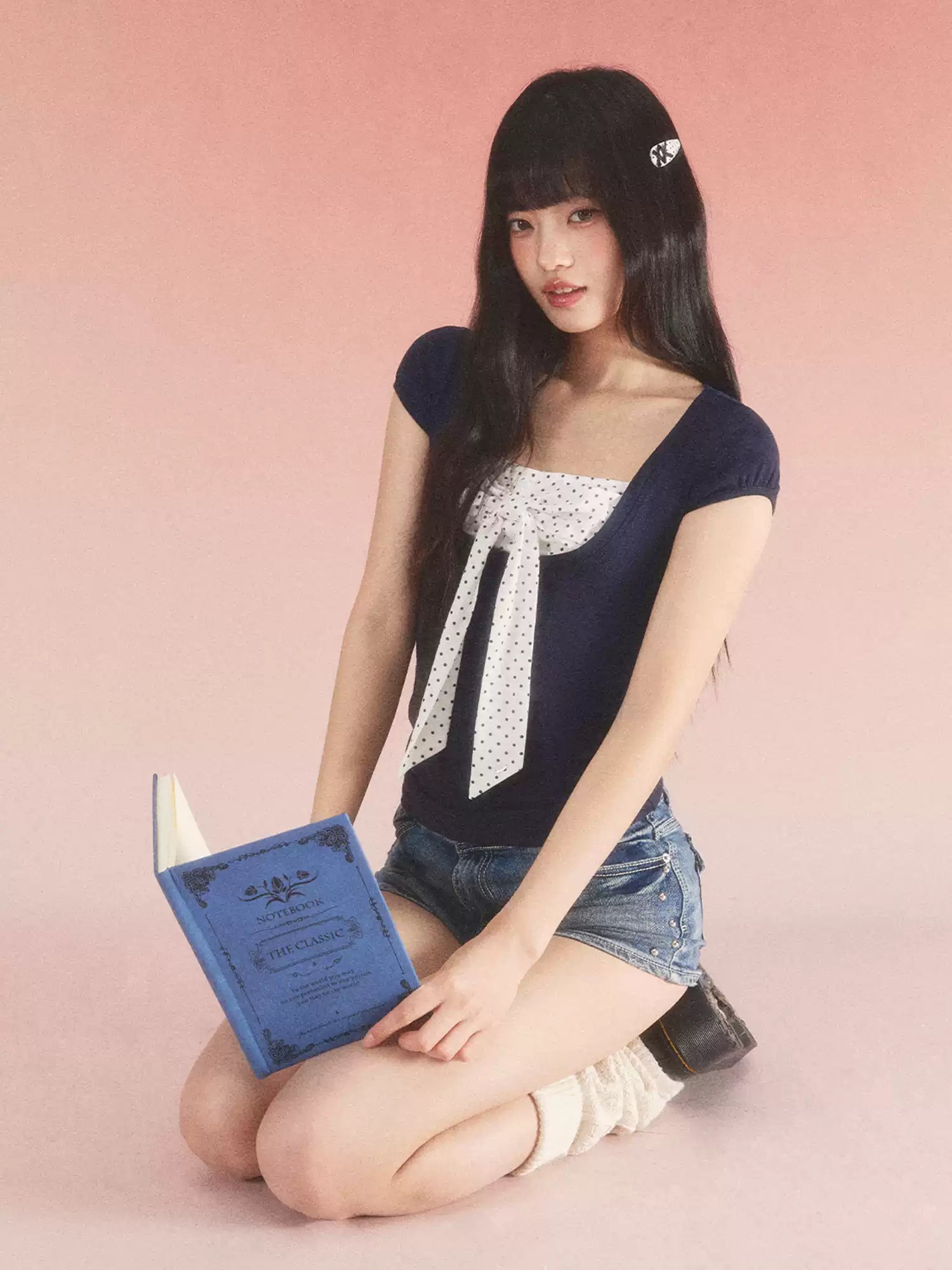 Contrast polka dot bow layered tee