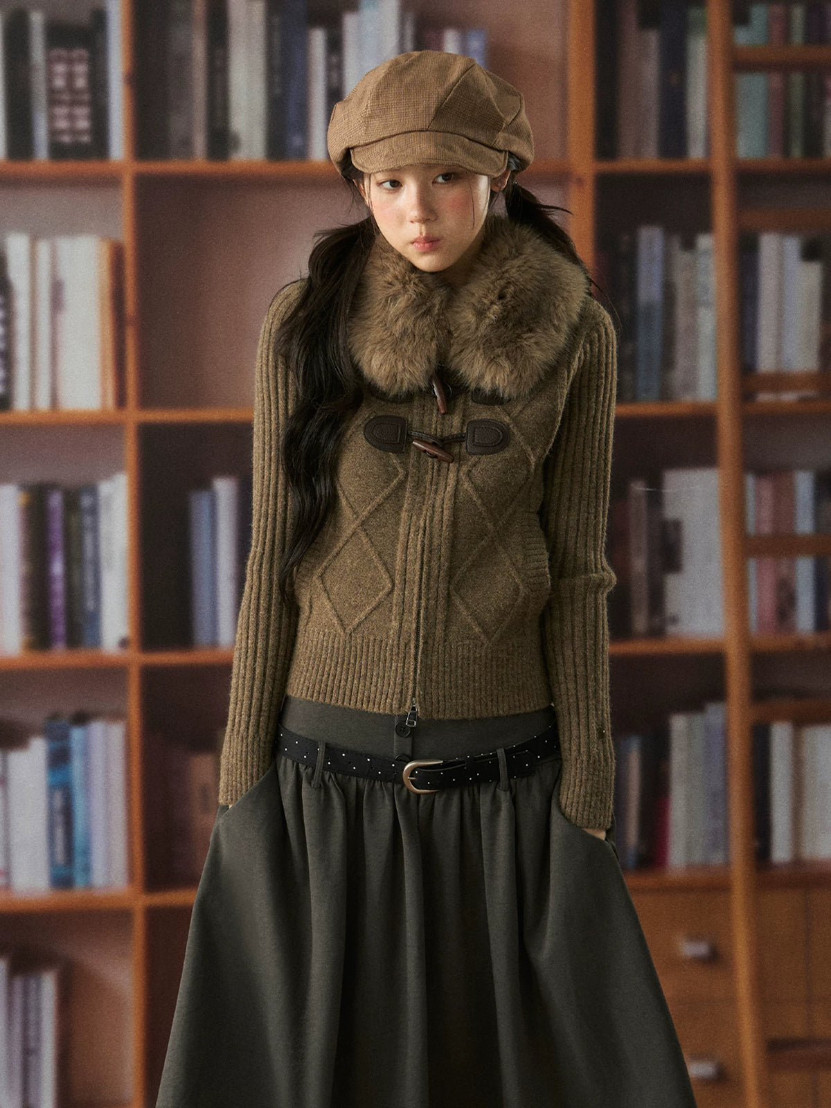 Retro Wool Collar Horn-Button Sweater Jacket