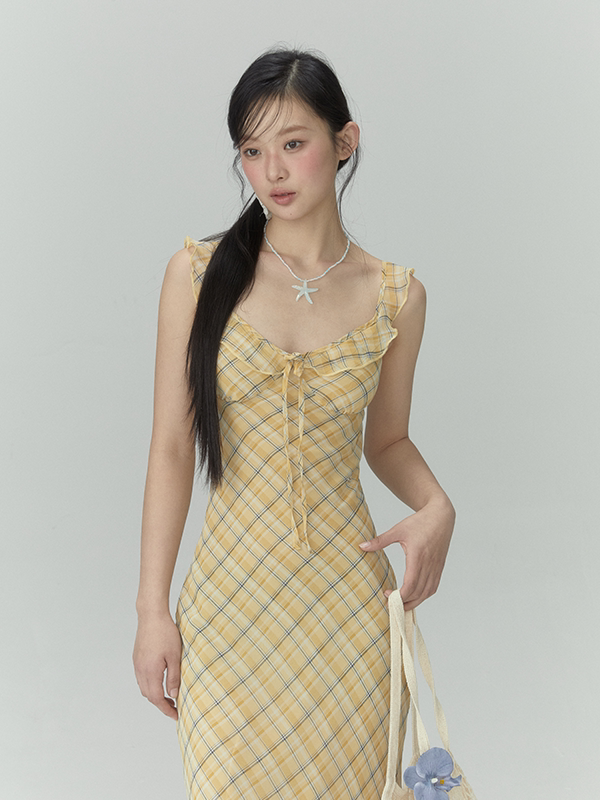 French Tulle Yellow Plaid Maxidress