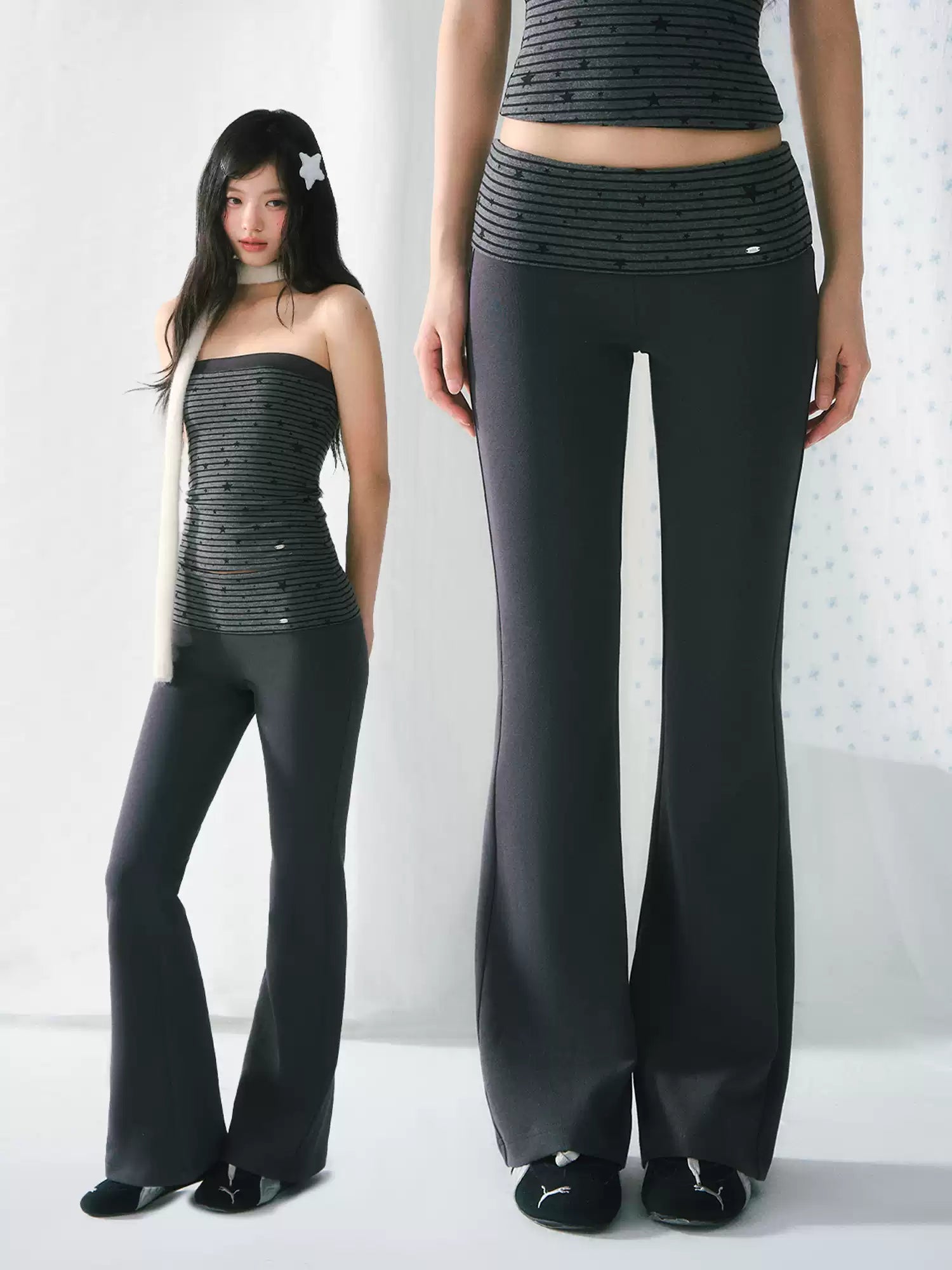 Retro striped waistband flared pants in dark gray