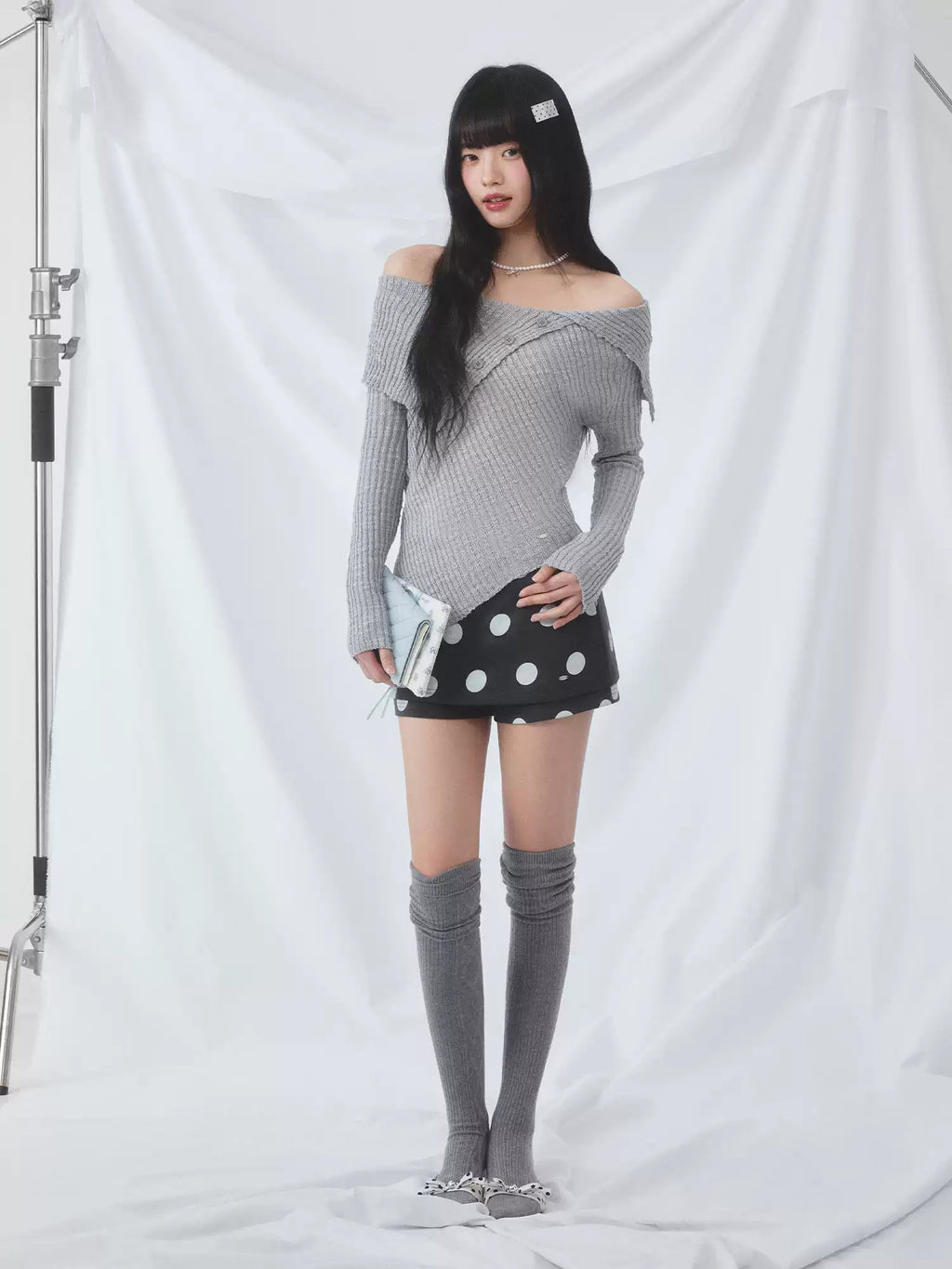 Collar off-shoulder asymmetric knit top in gray