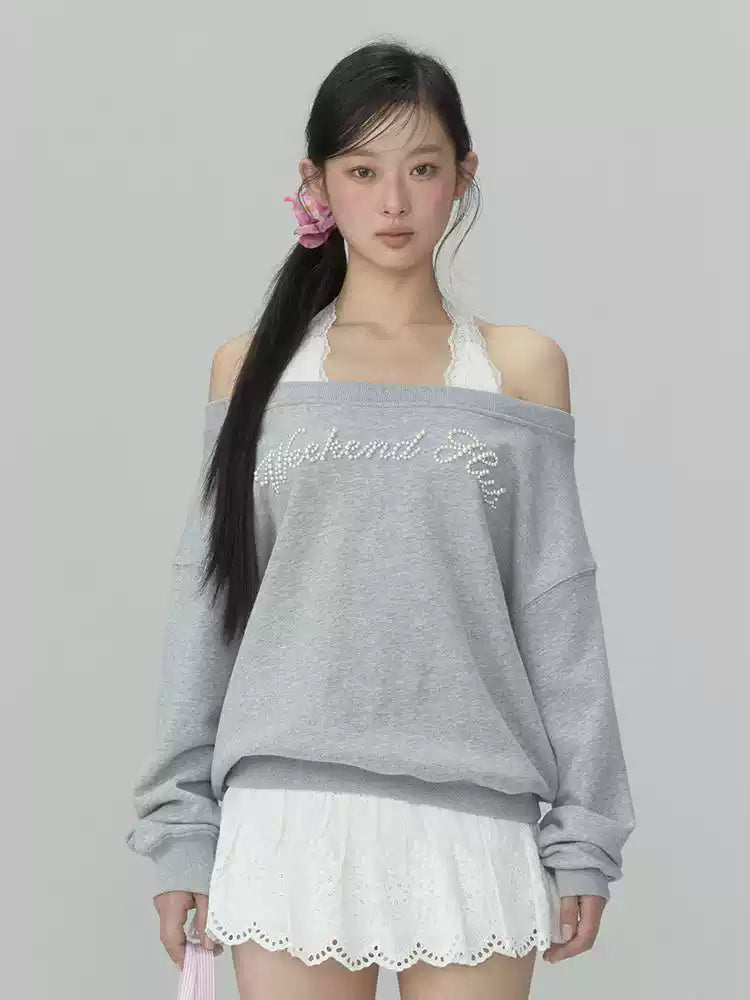Gray off-shoulder faux two-piece oversized sweatshirt