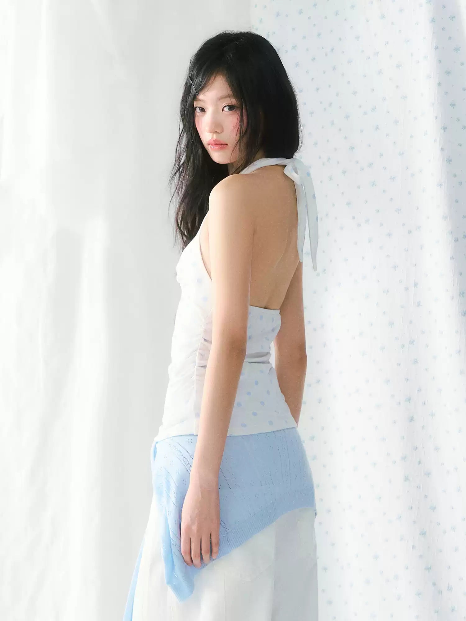 Retro white v-neck halter top with blue polka dot
