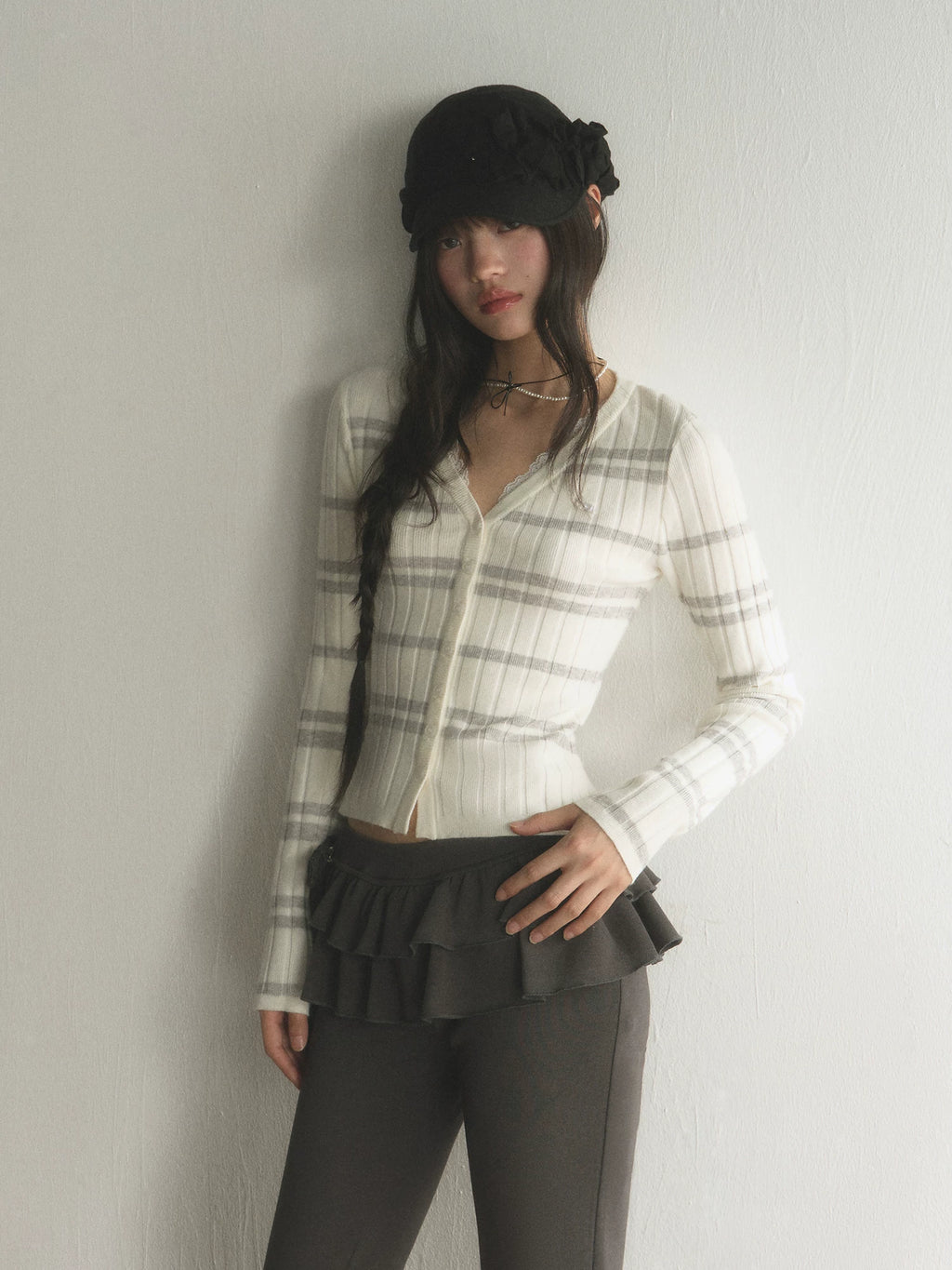 Vertical Striped Short Slim-Fit Knit Cardigan