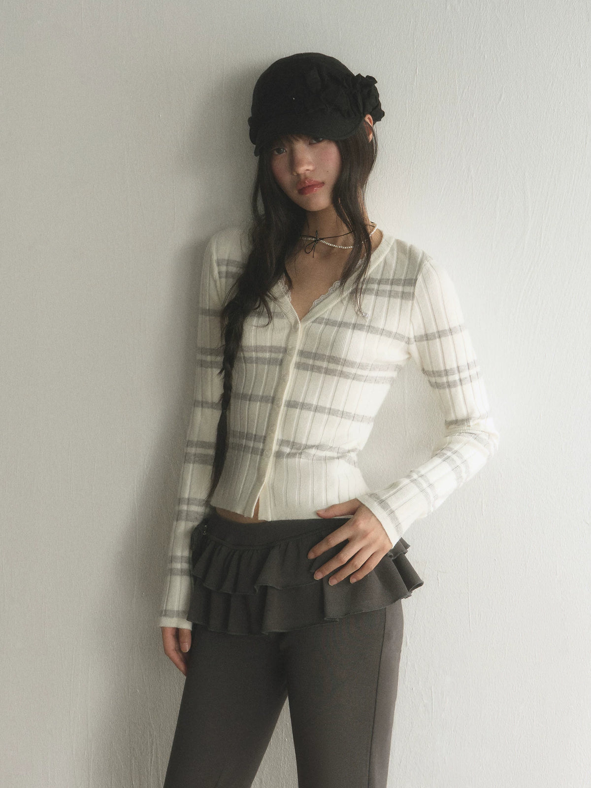 Vertical Striped Short Slim-Fit Knit Cardigan