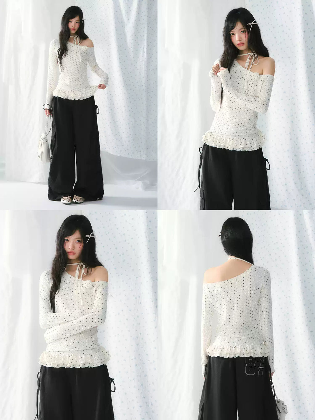 White polka dot ruffled one-shoulder long sleeve top