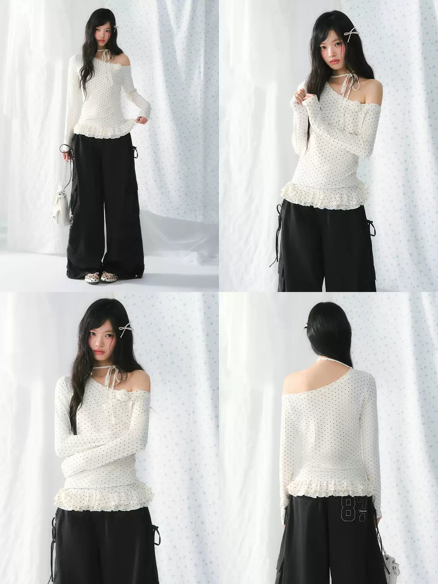 White polka dot ruffled one-shoulder long sleeve top