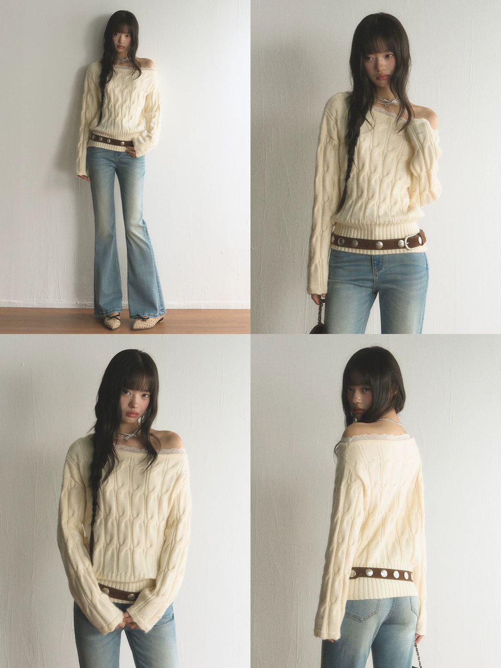 Twist-Knit Off-Shoulder Slouchy Sweater