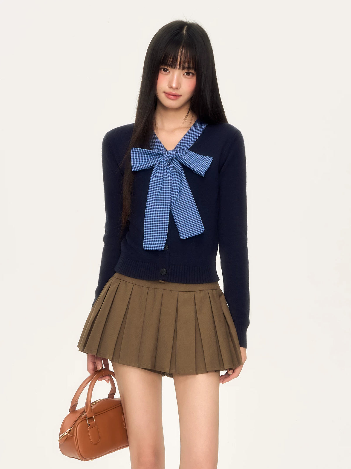 Contrast Plaid Bow-Tie Knit Long Sleeve Top