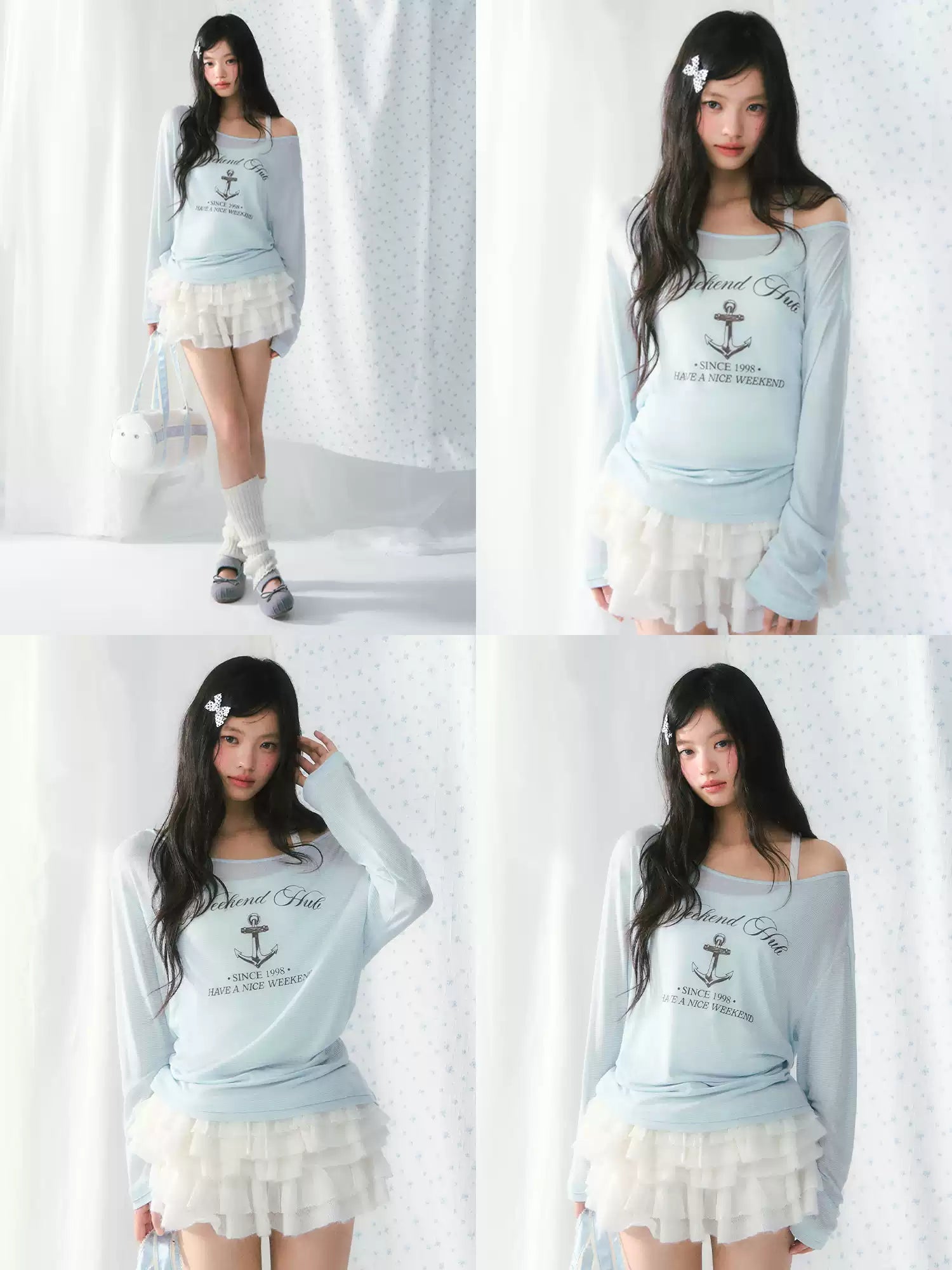 Blue retro print one-shoulder long sleeve top
