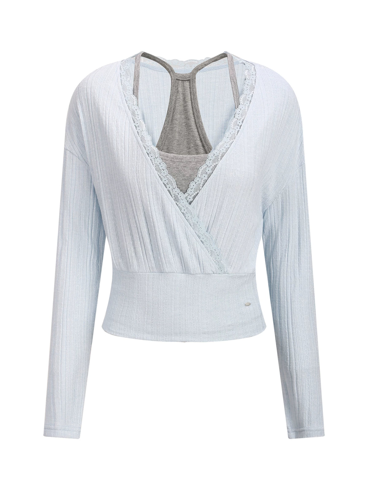 V-Neck Lace-Spliced Waist-Cinching Blouse and Tank Top Set