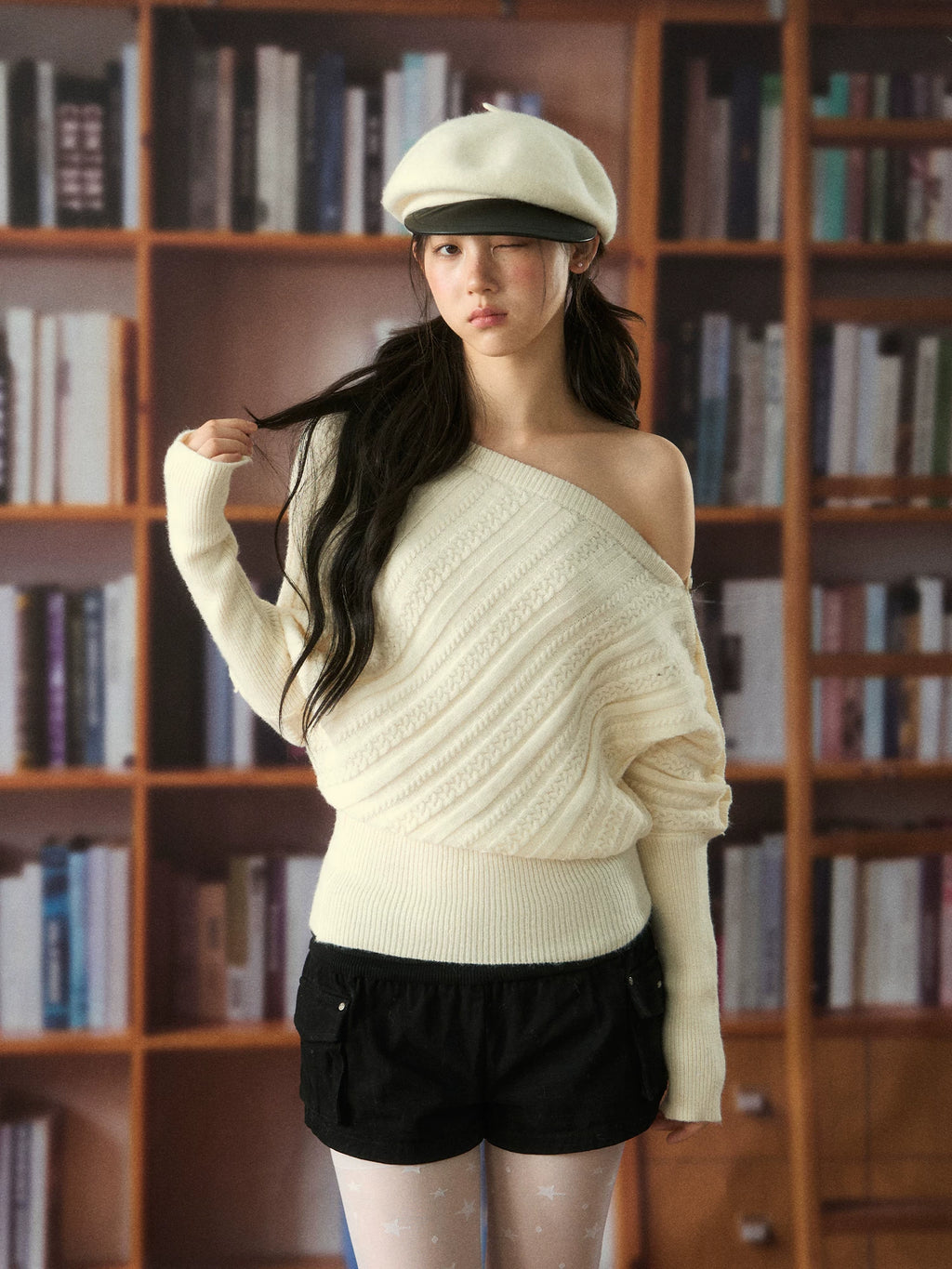 Off-Shoulder Waist-Cinching Knit Sweater