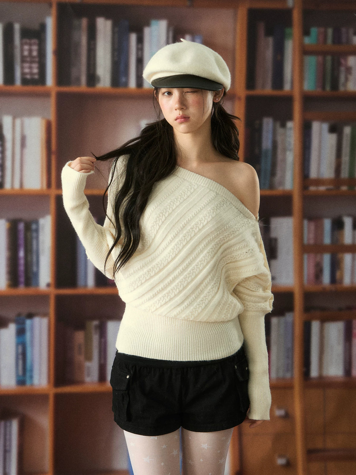 Off-Shoulder Waist-Cinching Knit Sweater
