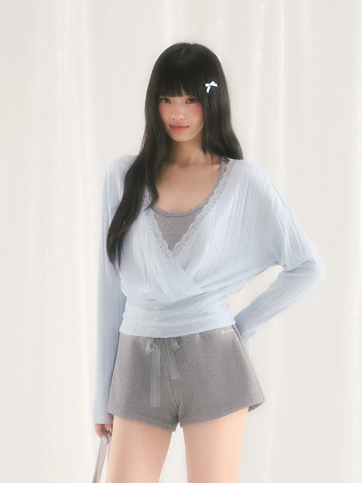 V-Neck Lace-Spliced Waist-Cinching Blouse and Tank Top Set