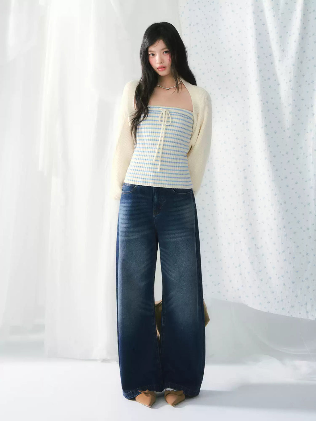 Striped cardigan & tube top knit set