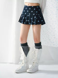 Polka dot pleated A-line mini skirt in navy blue