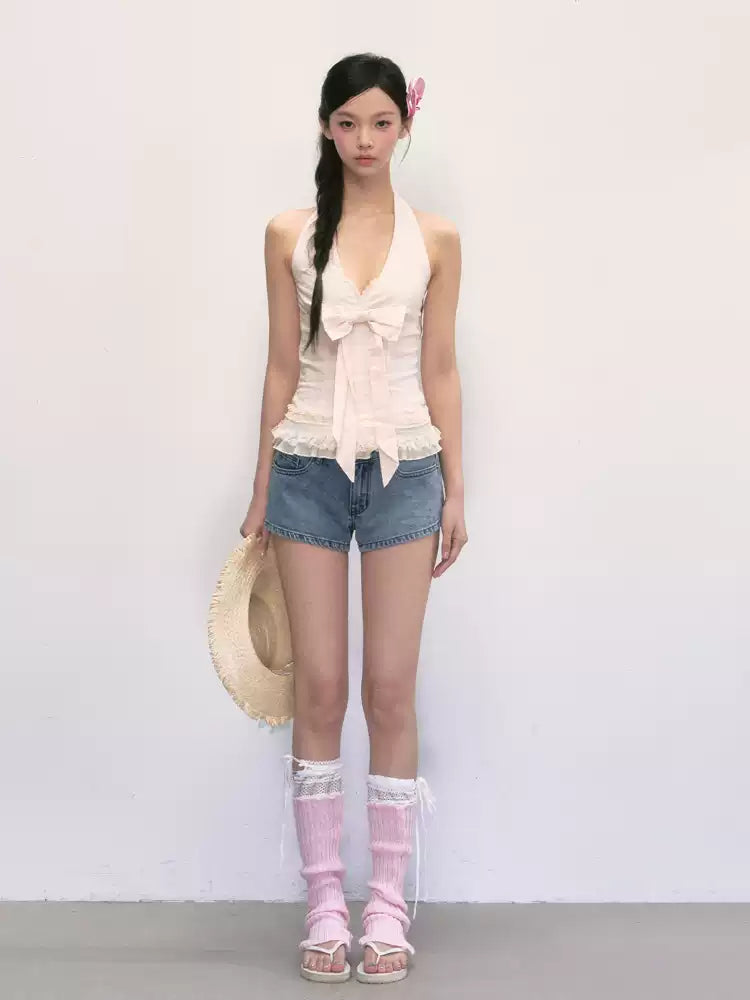 V-neck halter sleeveless top in soft pink