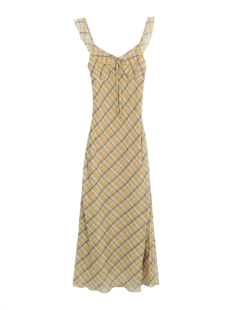 French Tulle Yellow Plaid Maxidress