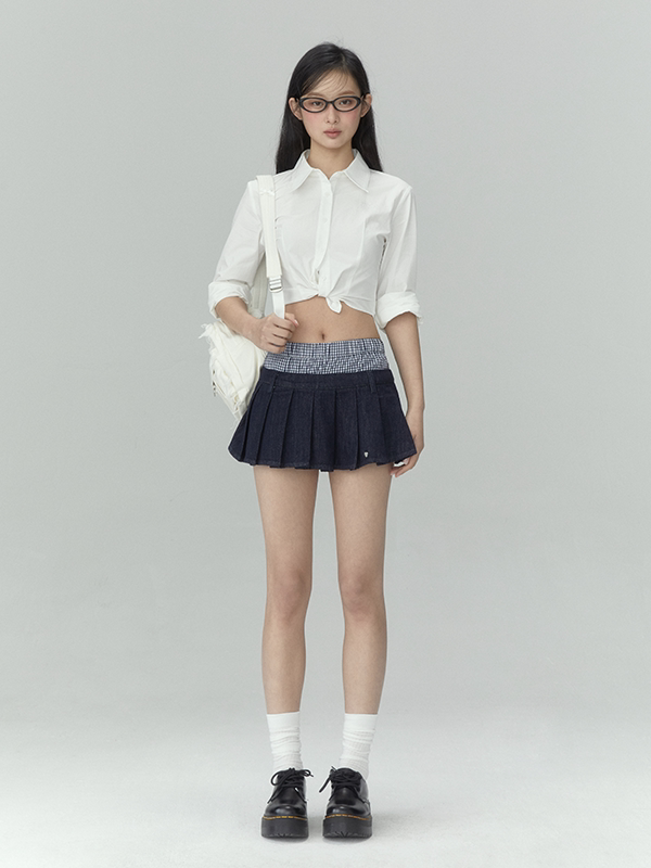 Pleated A-Line Denim Skirt