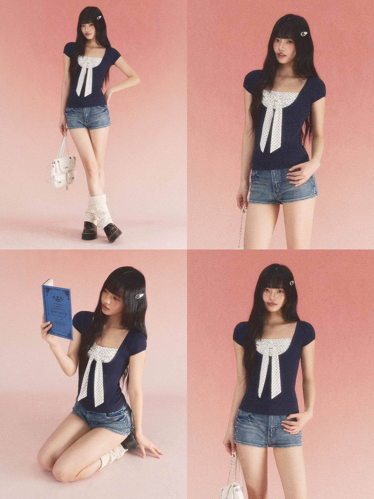 Color-Blocked Square-Neck Polka Dot Bow Tee