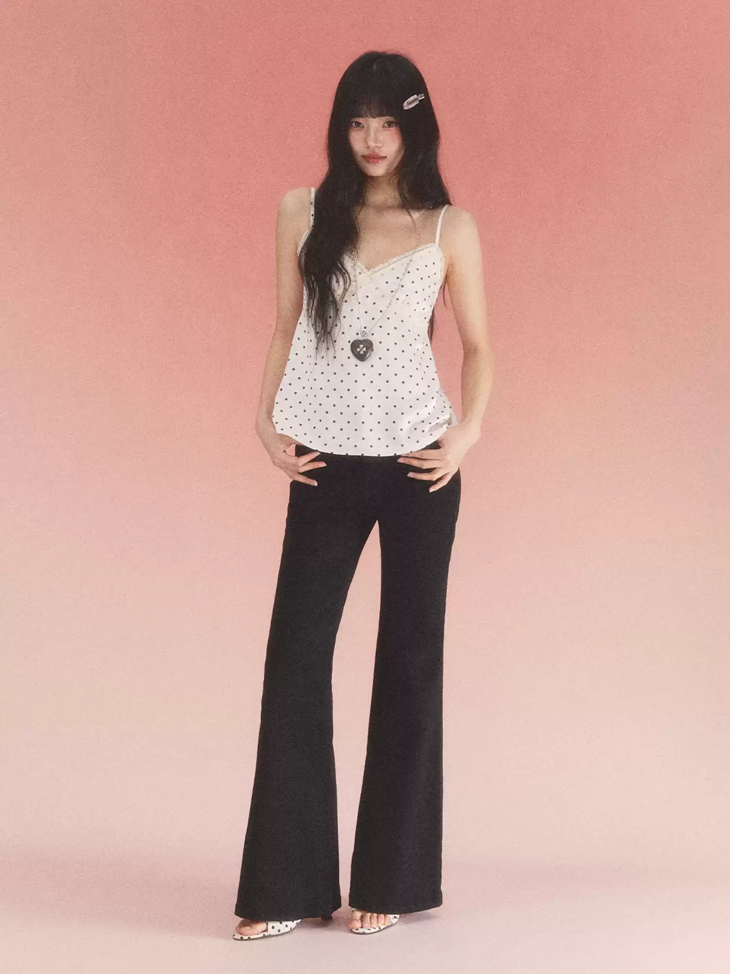 Lace trim polka dot camisole top