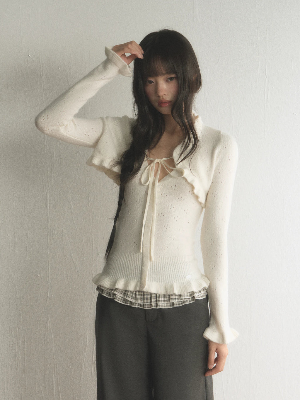 Ruffled Hollow-Out Knit Cardigan & V-Neck Cami Set