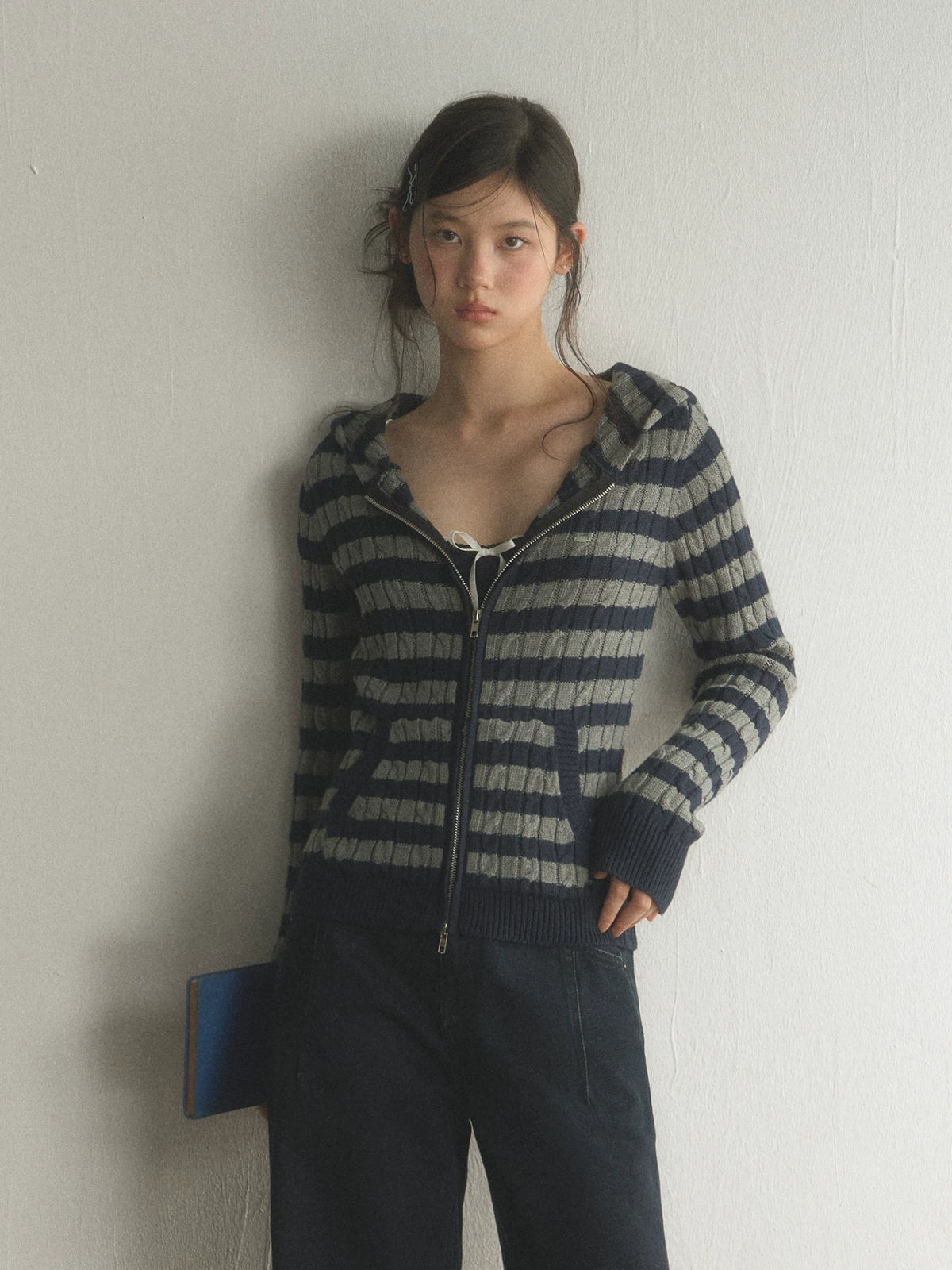 Striped Hooded Zip-Up Knit Cardigan