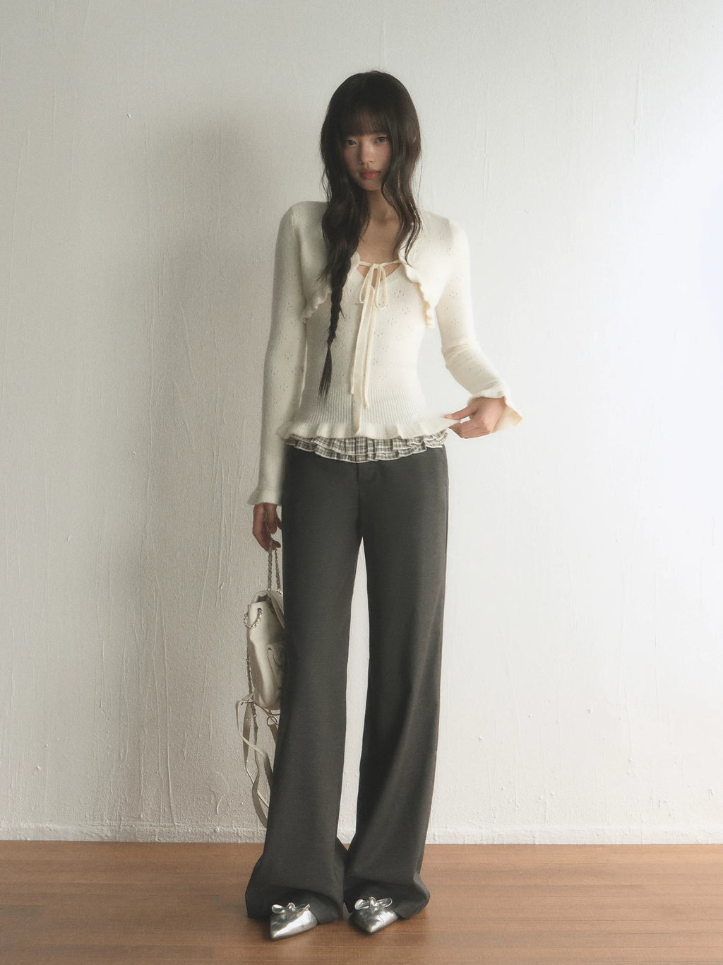 Ruffled Hollow-Out Knit Cardigan & V-Neck Cami Set