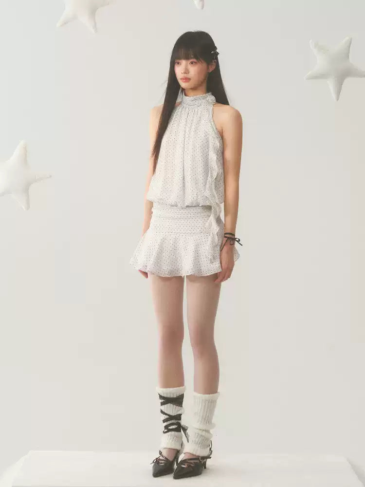 White halter neck polka dot mini dress