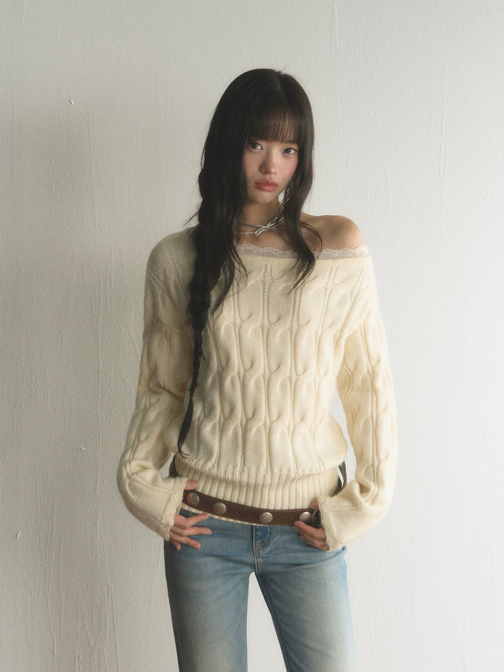 Twist-Knit Off-Shoulder Slouchy Sweater