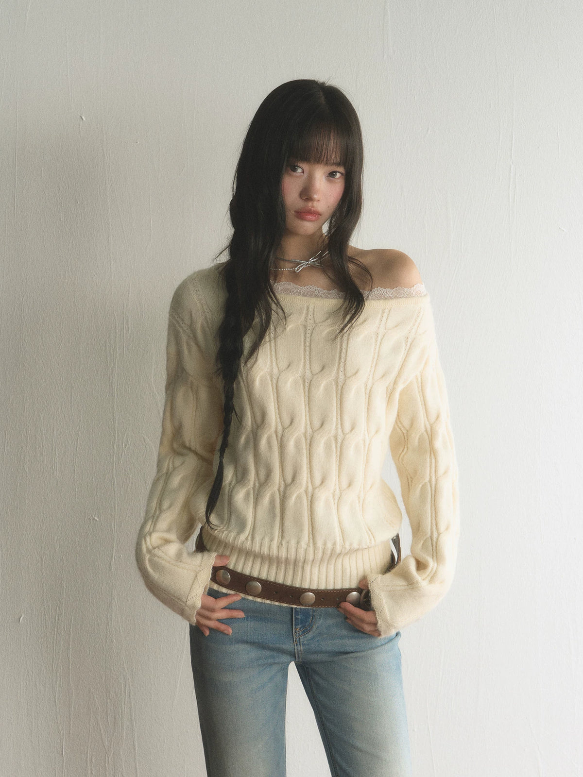 Twist-Knit Off-Shoulder Slouchy Sweater