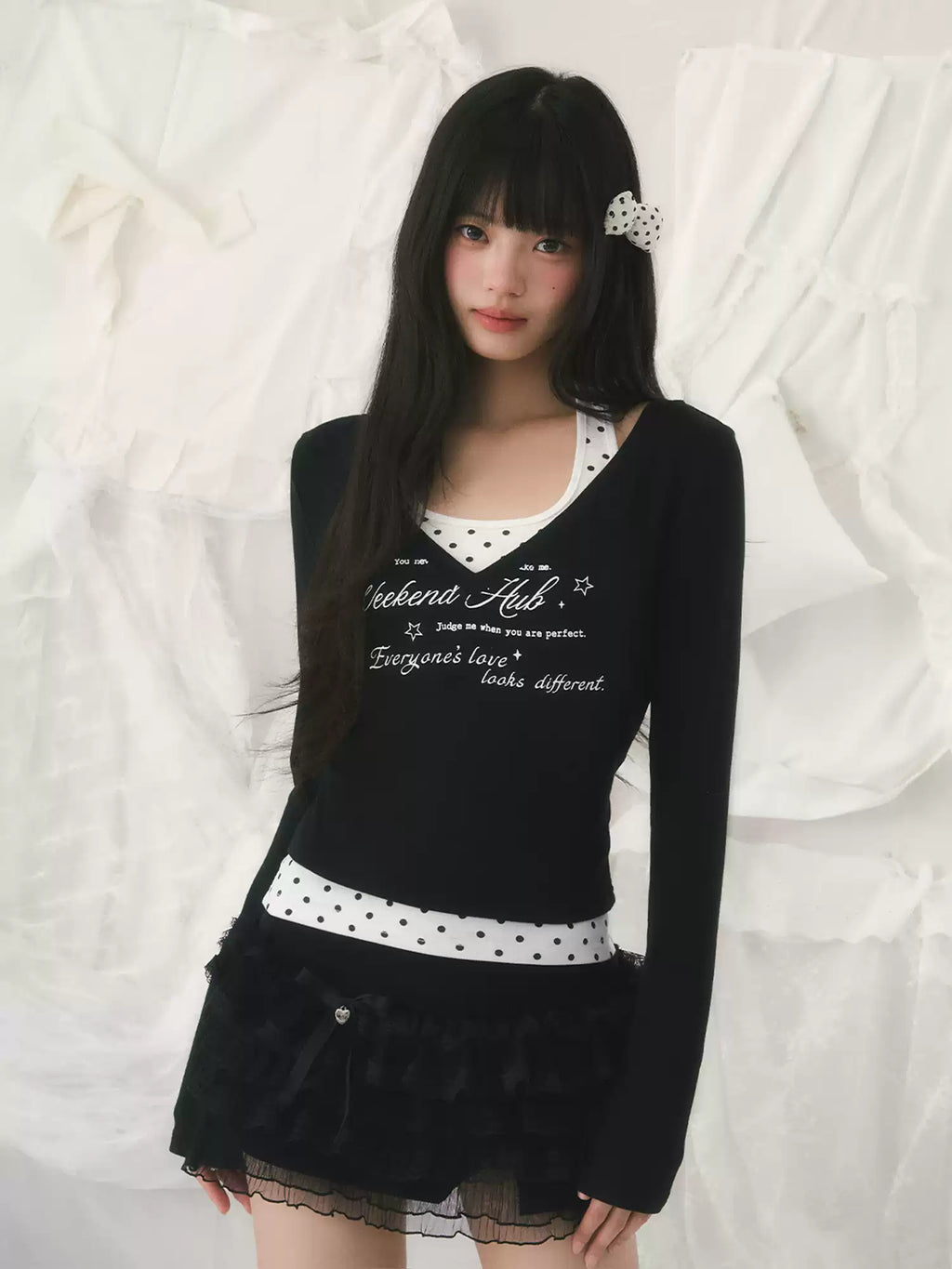 Polka dot halter & long sleeve top set in black