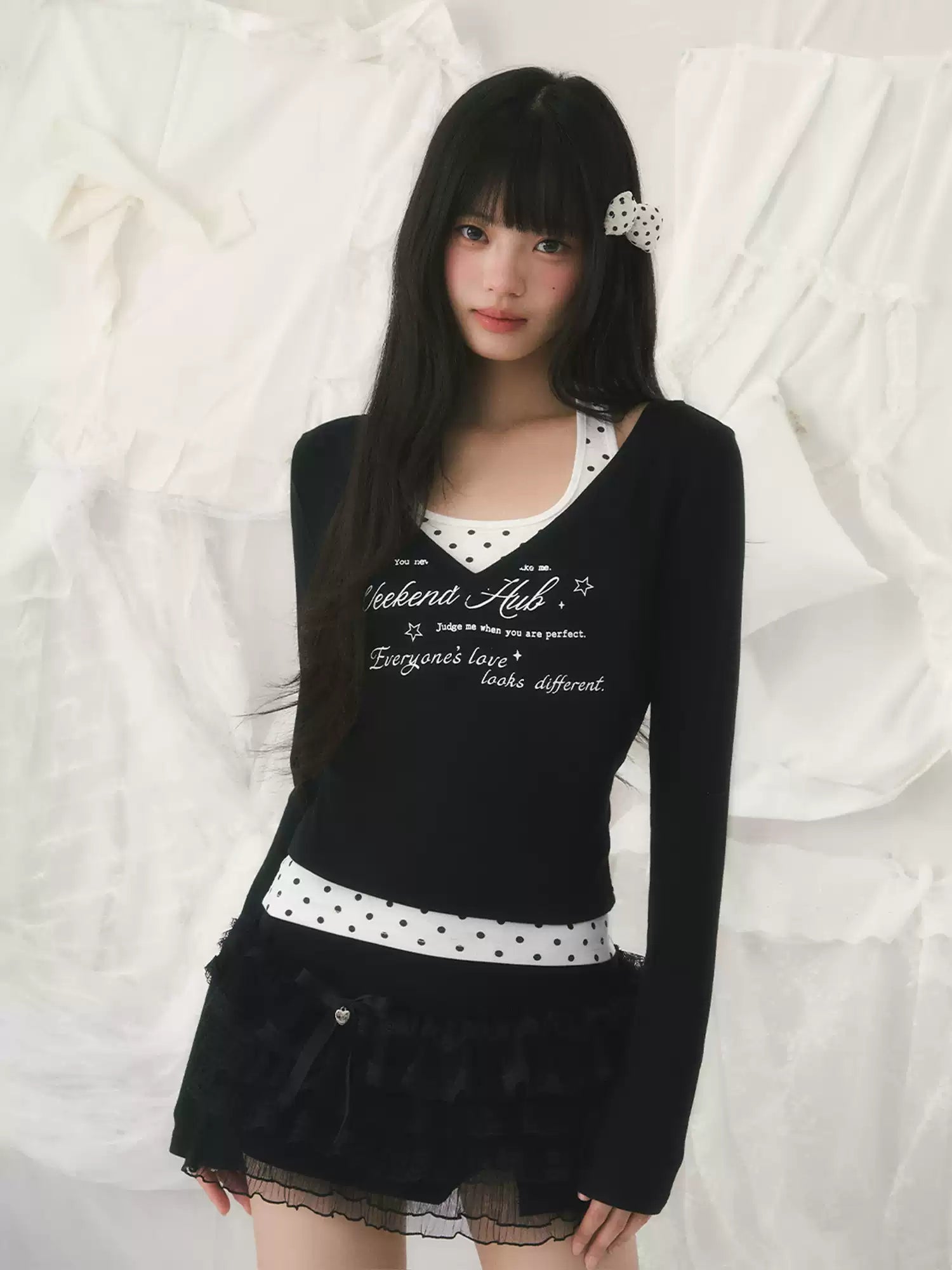Polka dot halter & long sleeve top set in black