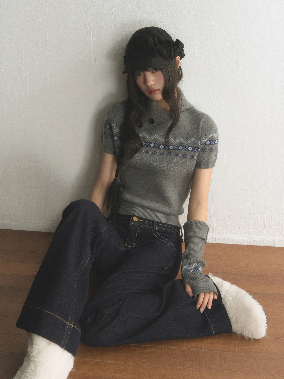 Retro Fair Isle Short-Sleeve Lapel Knit Top