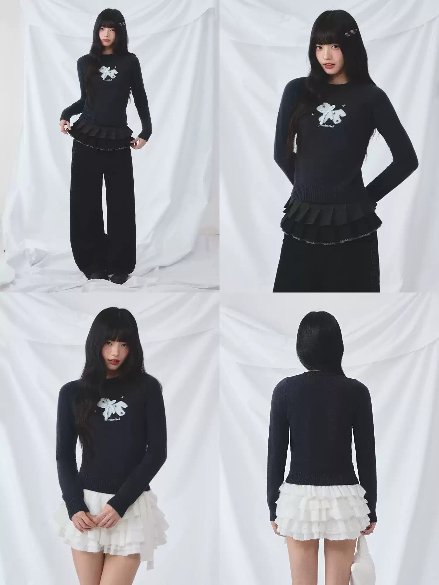 Bow detail horse jacquard knit top in navy blue