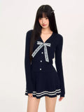 Preppy style knit top & skirt two-piece set in navy blue