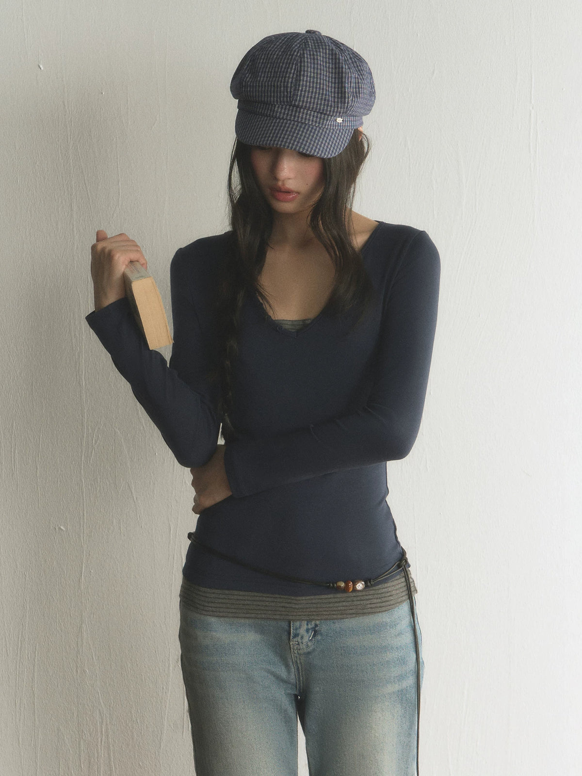 Korean Style V-Neck Long-Sleeve Two-Piece Tee