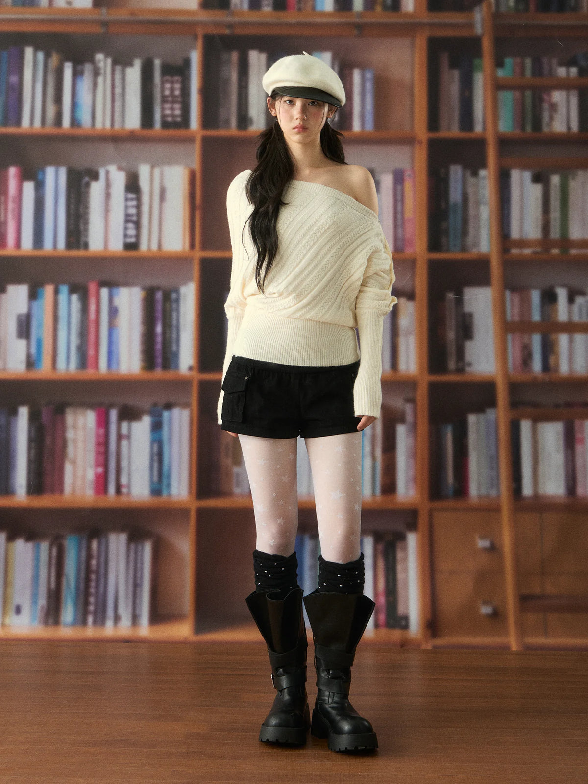 Off-Shoulder Waist-Cinching Knit Sweater