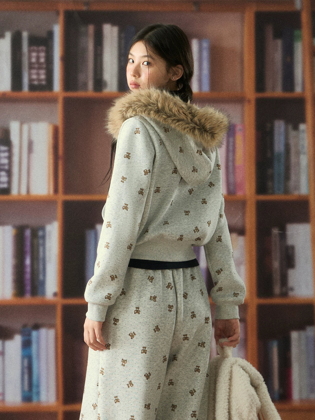Polka Dot Bear Fur Collar Hoodie