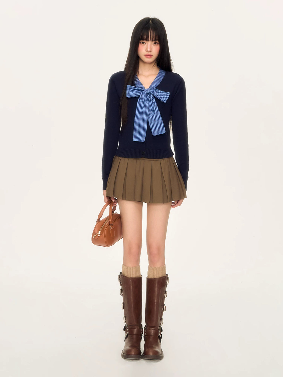Brown Pleated A-Line Mini Skirt