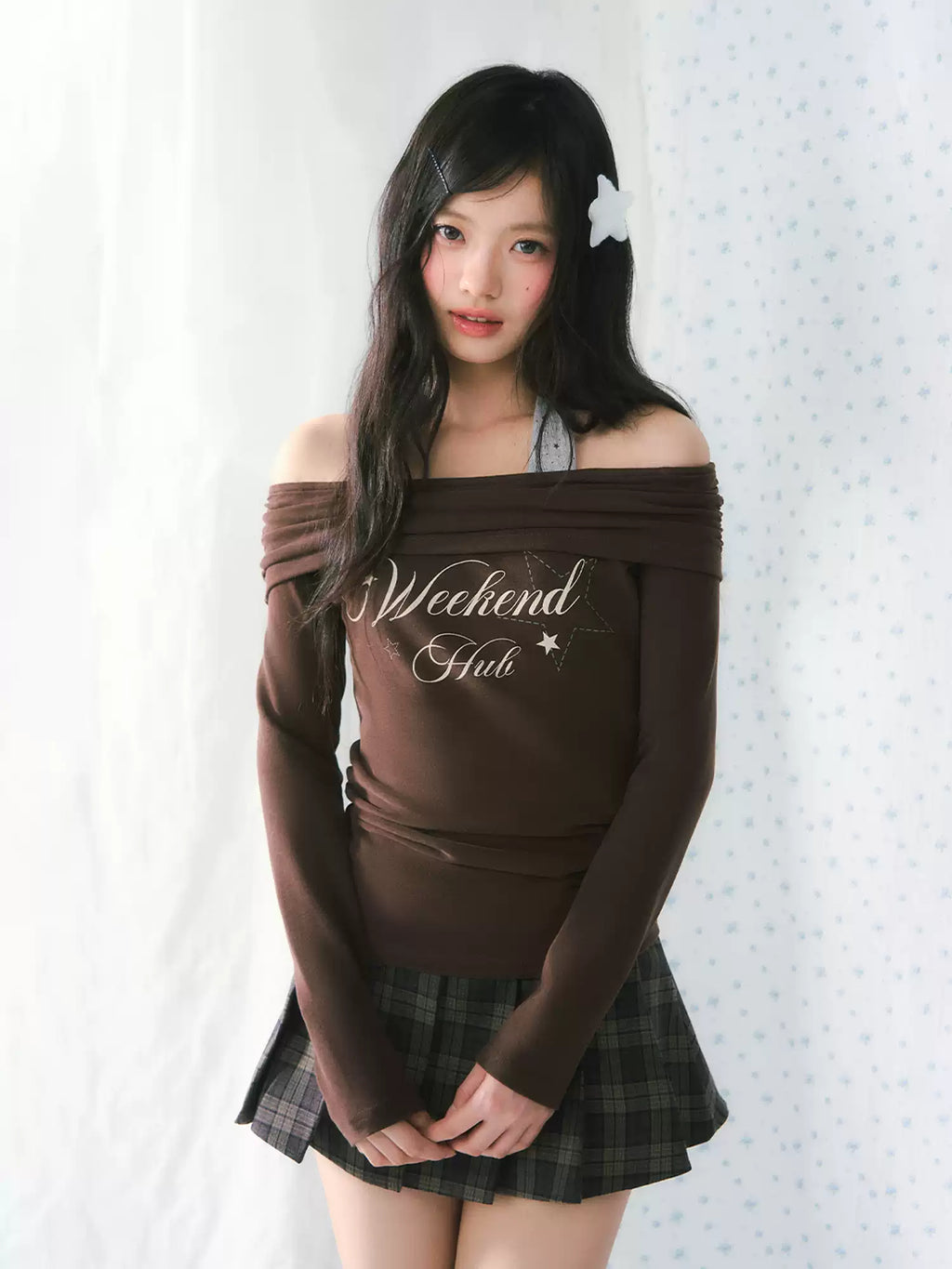 Weekendhub logo long sleeve off-shoulder & halter top set in brown