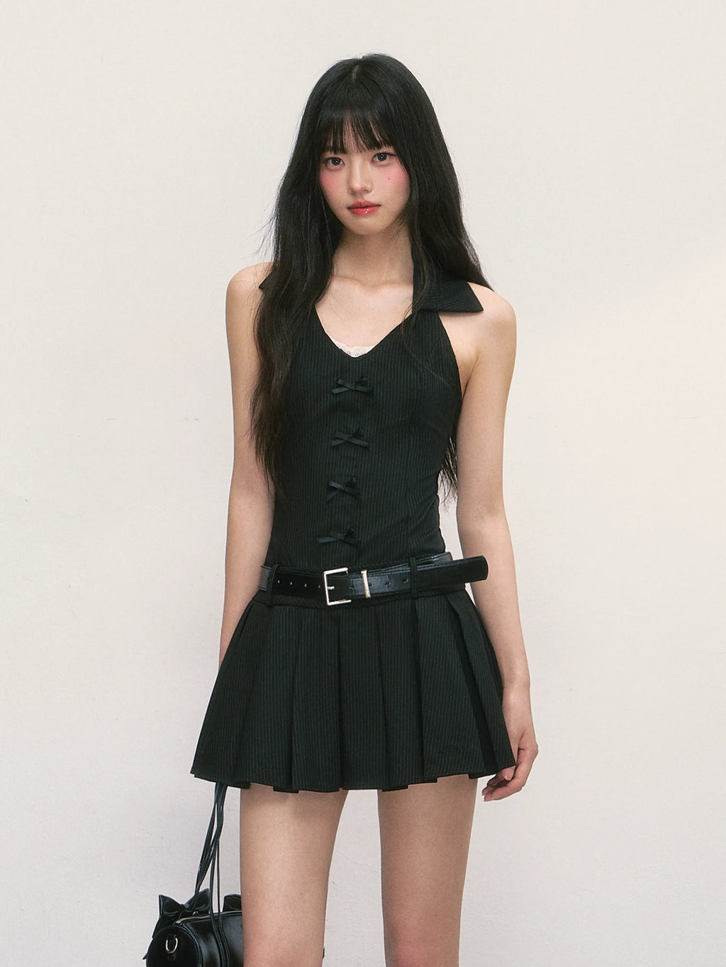 French Style Pleated Halter Neck Dress