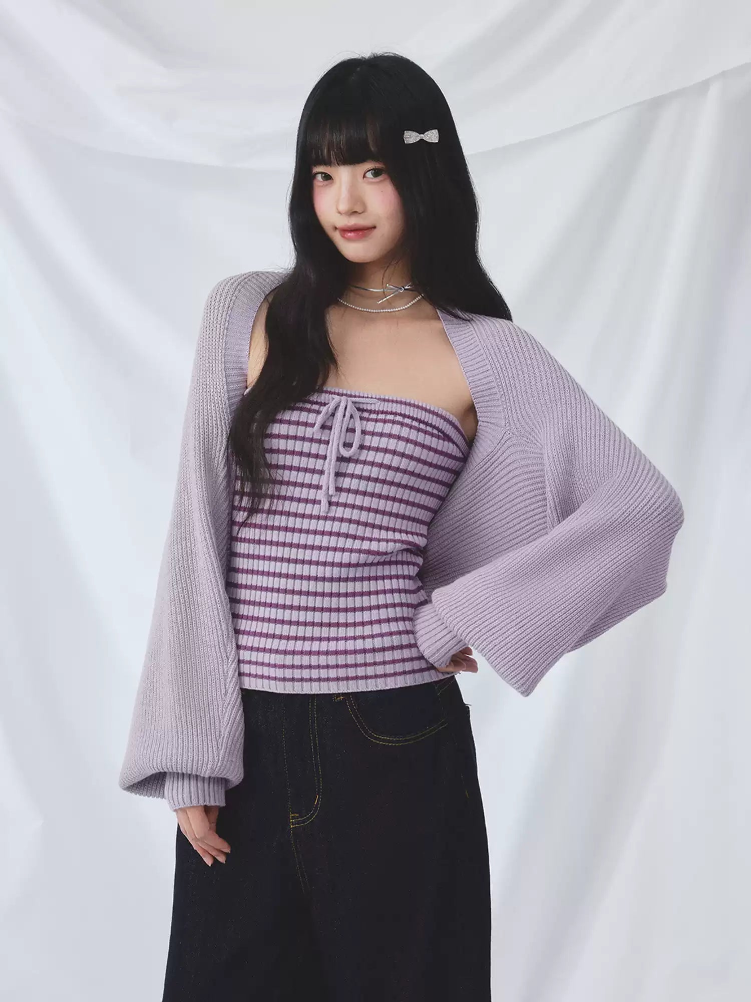 Striped cardigan & tube top knit set