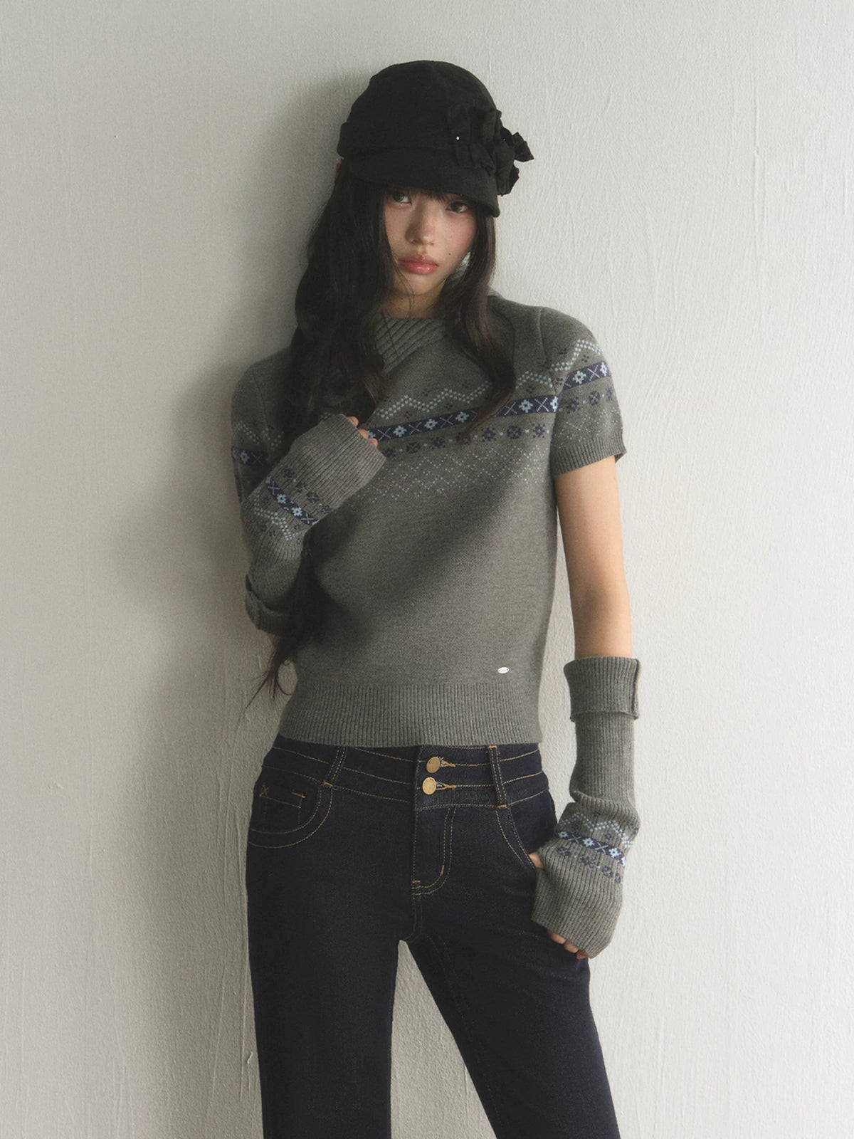 Retro Fair Isle Short-Sleeve Lapel Knit Top