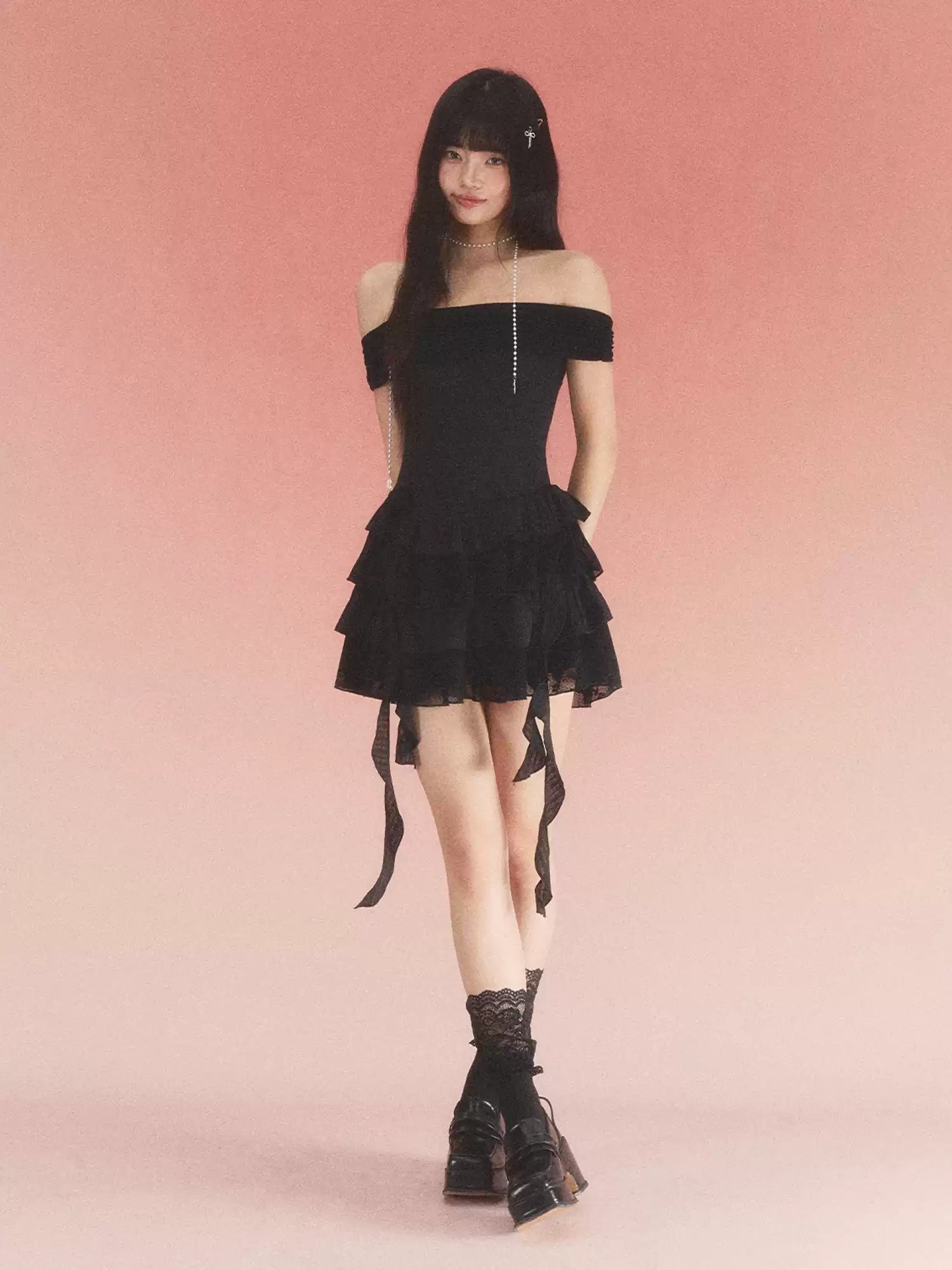 Lace jacquard off-shoulder tiered black dress